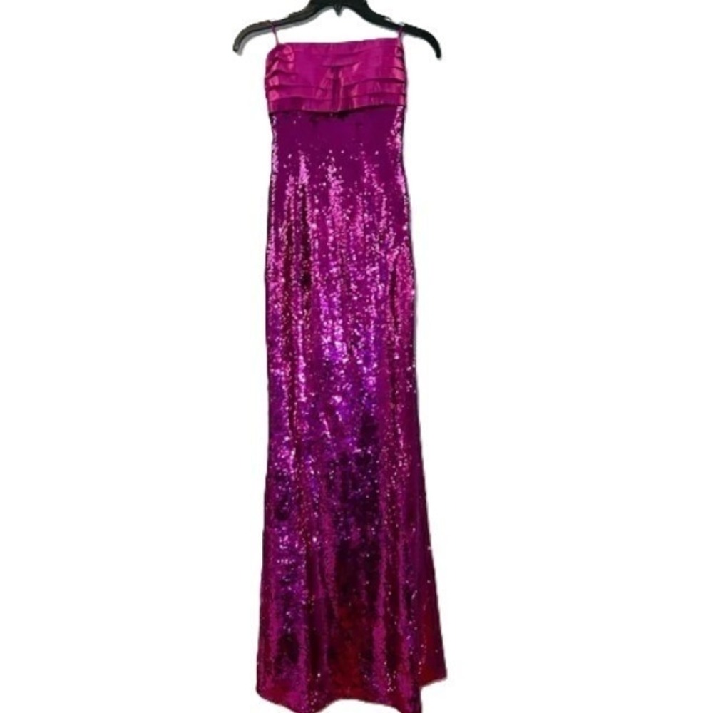 Johnny Wujek Sangria Magenta Sequin Strapless Gown Pleated Bust Bow Back Dress M